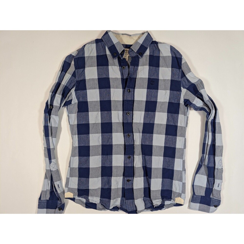 Timberland Plaid Button Down Shirt Men Small White Blue Long Sleeve Cotton Linen